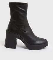 New Look Black Leather-Look Chunky Block Heel Sock Boots